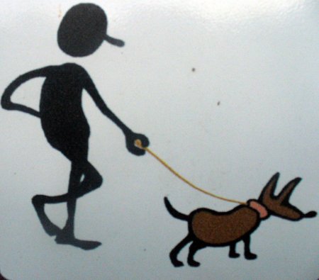 a stick figure walking a dog