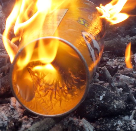 a chip canister belching out flames