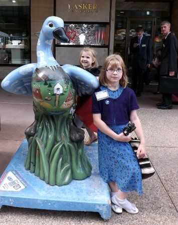 Ella and Anna with goose statue number 3