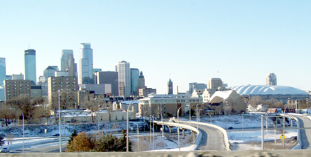 View of the Metrodome and skyscrapers